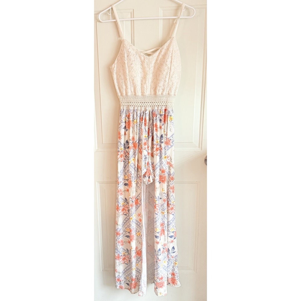 No Boundaries‎ Floral Lace Maxi Dress L 11-13 Boho Sleeveless High Slit